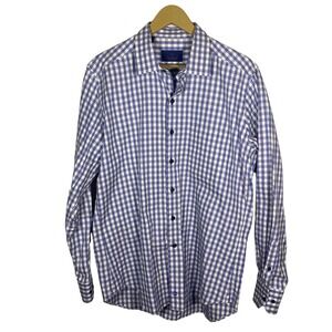 David Donahue Gingham Check Dress Shirt Blue White Long Sleeve Button Up Mens L
